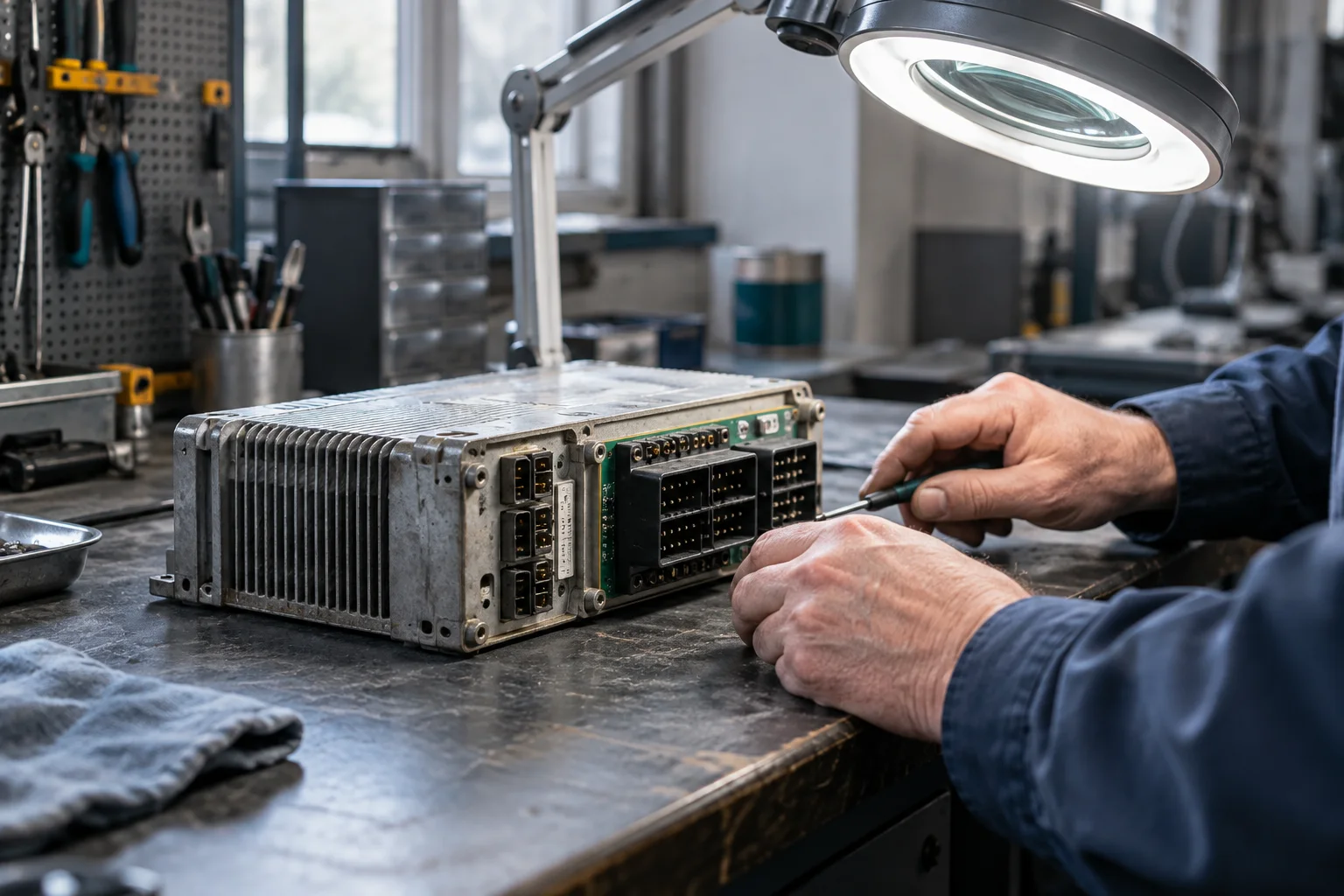 older industrial control module at an inspection bench