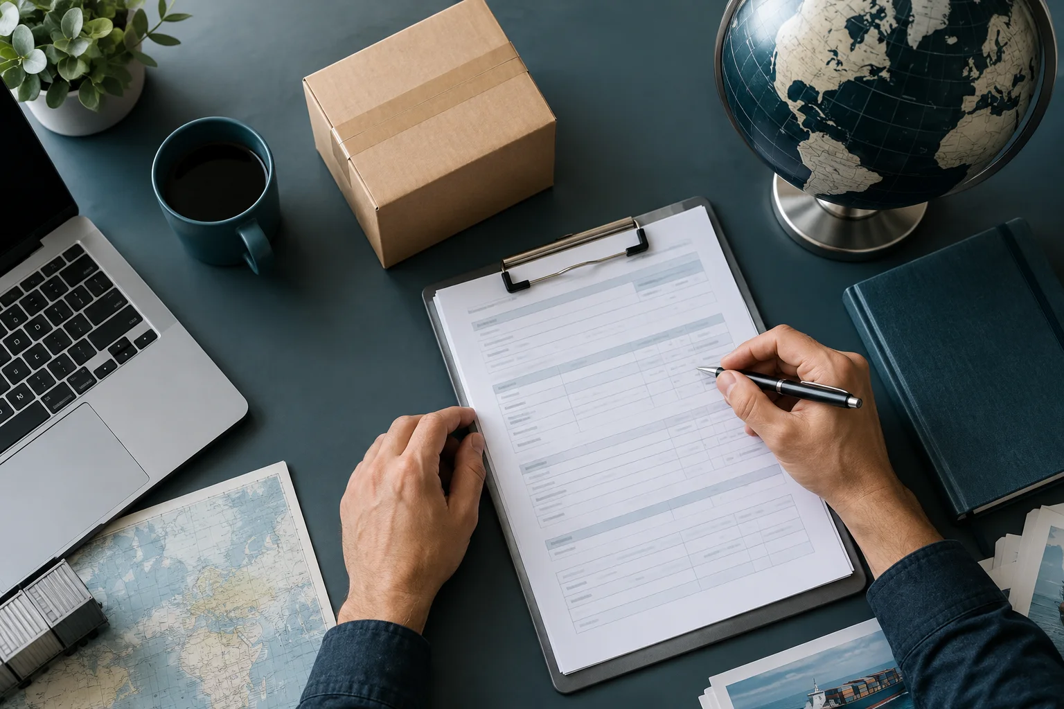 freight planning documents and desk globe